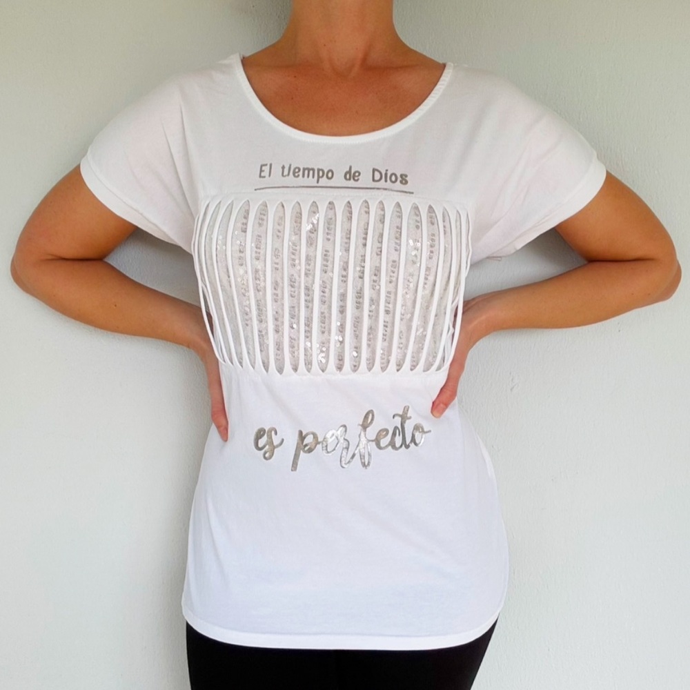 Made in Italy El Tiempo de Dios es Perfecto silver sequin short sleeve tee large